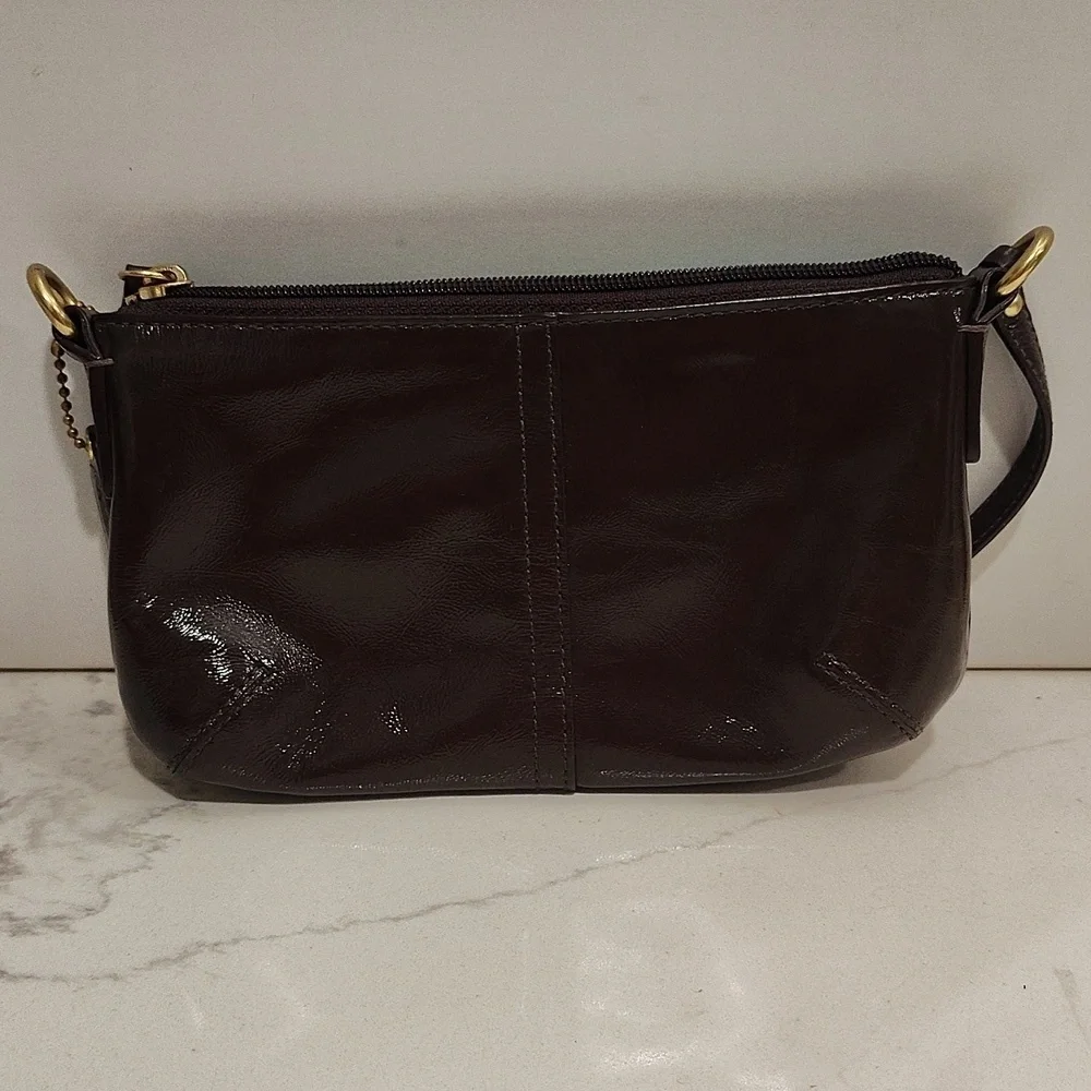 Coach Brown Patent Leather Brass Turn Lock Wristlet Clutch Wallet Pouch Charm